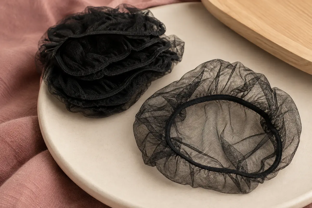 Filets à chignon noirs en nylon à maille fine, disposés sur un support en céramique mate.