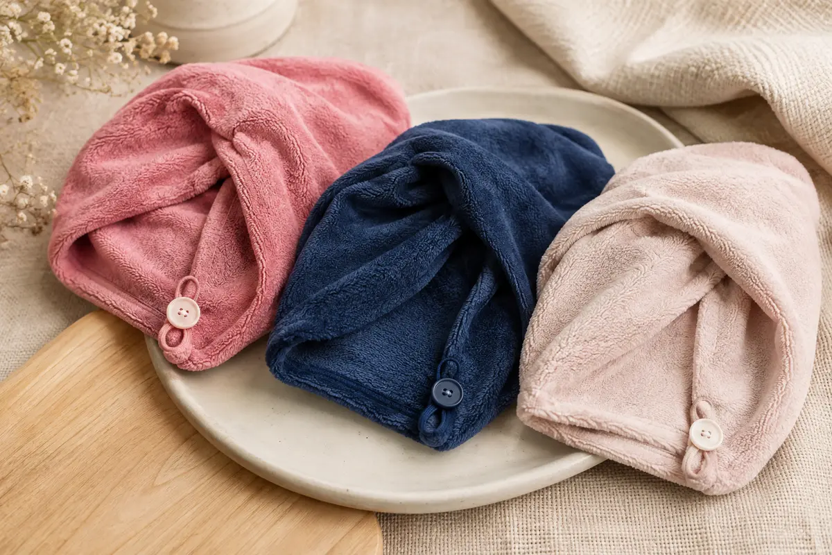 Trois serviettes de séchage pour cheveux en microfibre, avec boutons et boucles, posées sur un support clair.