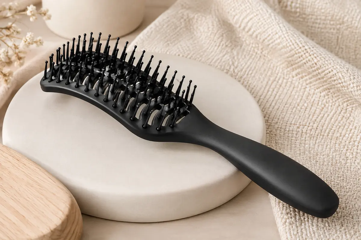 Brosse démêlante noire à profil incurvé et picots souples posée sur un support en céramique mate.