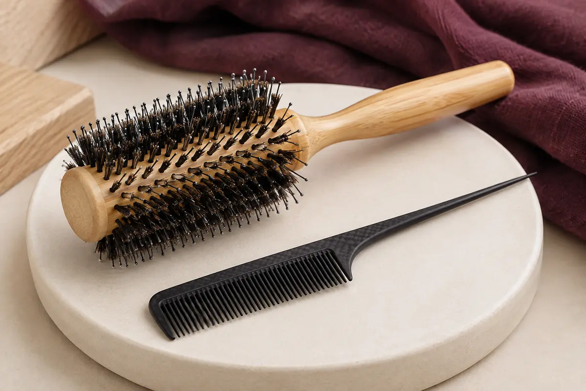 Brosse ronde en bambou à poils de sanglier avec peigne à queue en carbone sur un support crème