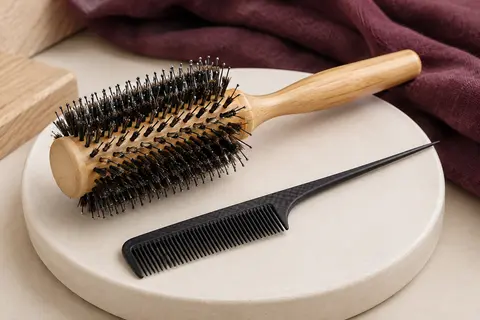 Brosse ronde en bambou à poils de sanglier avec peigne à queue en carbone sur un support crème