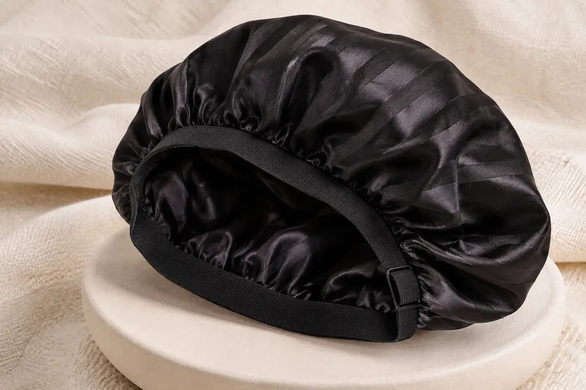 Bonnet de nuit noir en satin de soie à coupe ample, bande réglable et motif à rayures