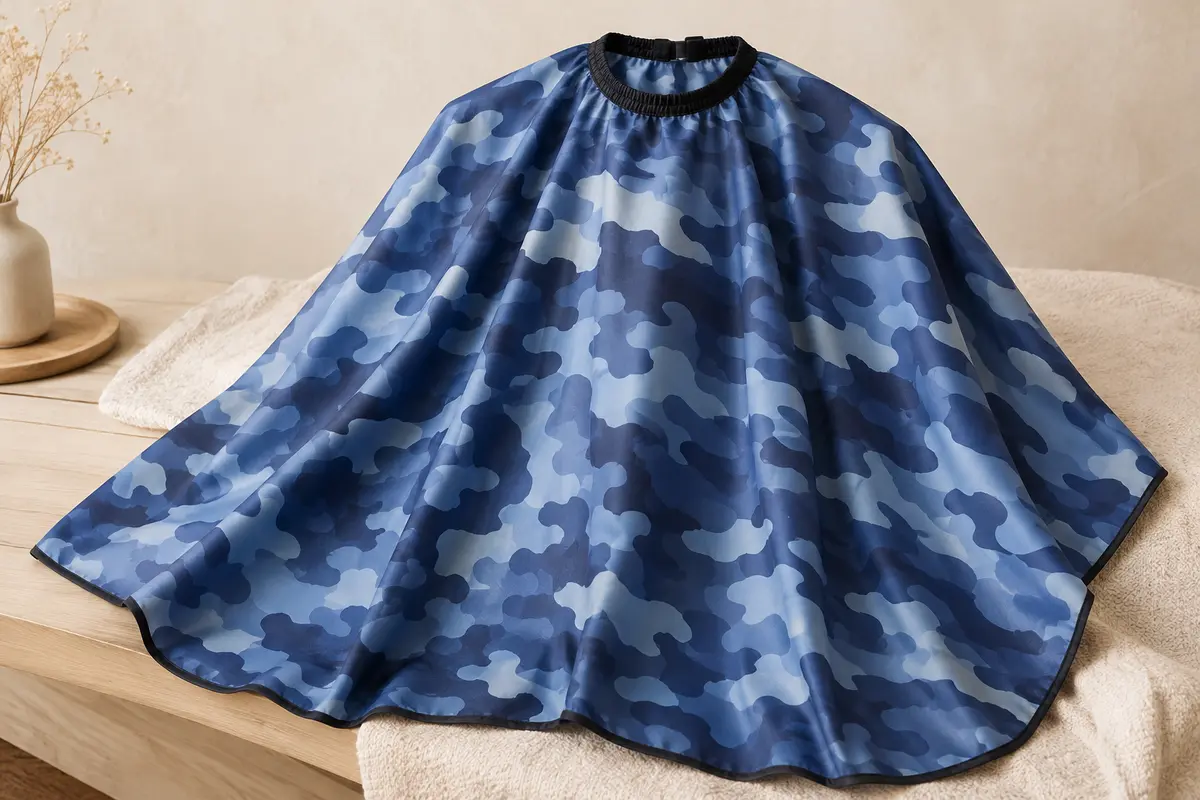 Cape de coiffure en polyester au motif camouflage bleu, déployée sur un support en bois clair