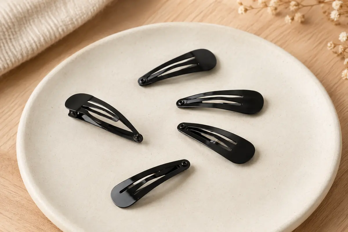 Petites barrettes métalliques noires disposées sur un support en céramique mate et en bois clair