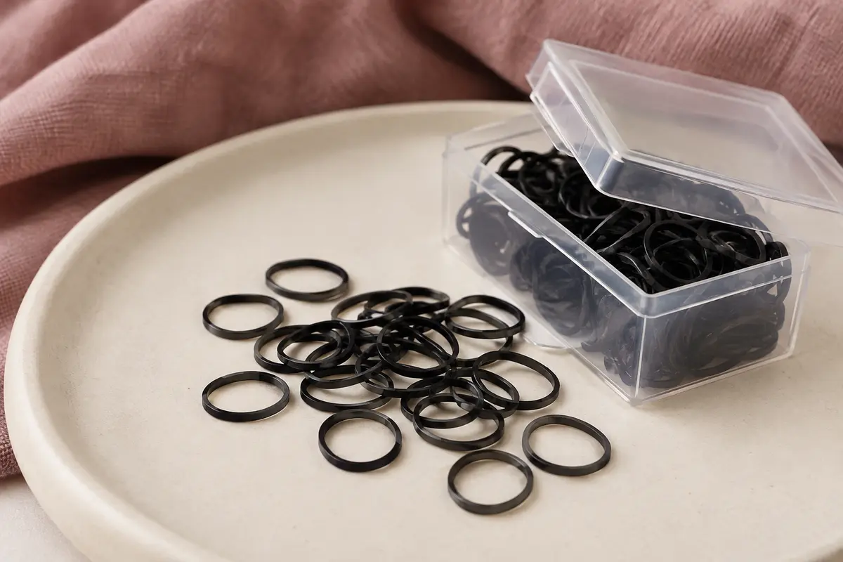 Mini élastiques noirs en caoutchouc disposés près d’une boîte transparente sur un support crème.