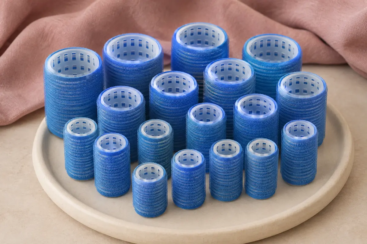 Bigoudis auto-agrippants bleus en trois diamètres, disposés sur un support en céramique mate.