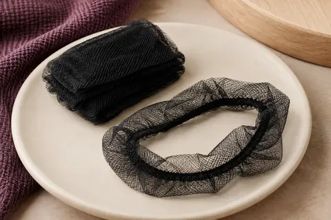 Filets à chignon noirs en nylon, maille fine et élastique présentée sur une céramique mate