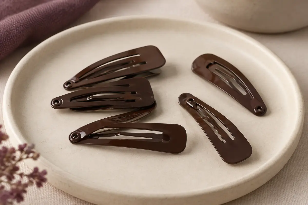 Lot de barrettes métalliques marron foncé à clipser, disposées sur un support en céramique mate