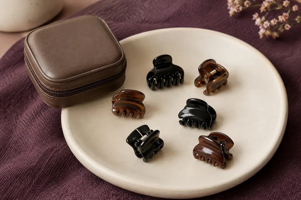 Mini pinces à cheveux noires et marron regroupées près de leur étui sur un support en céramique