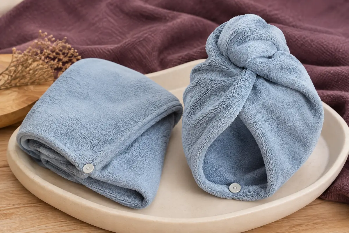 Deux serviettes turban en microfibre bleu brume, dont une torsadée, posées sur un support crème