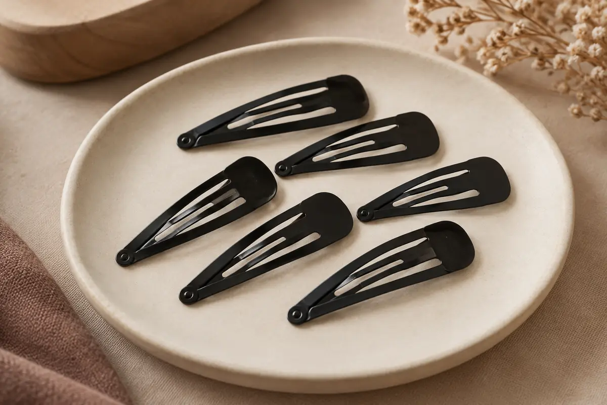 Lot de barrettes plates en métal noir disposées sur un support en céramique mate