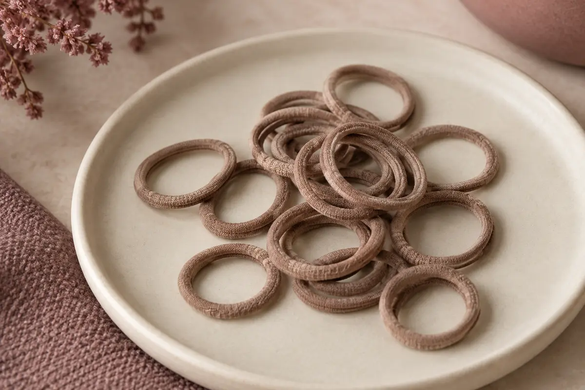 Mini élastiques à cheveux textiles marron clair disposés en cercle sur un support en céramique mate