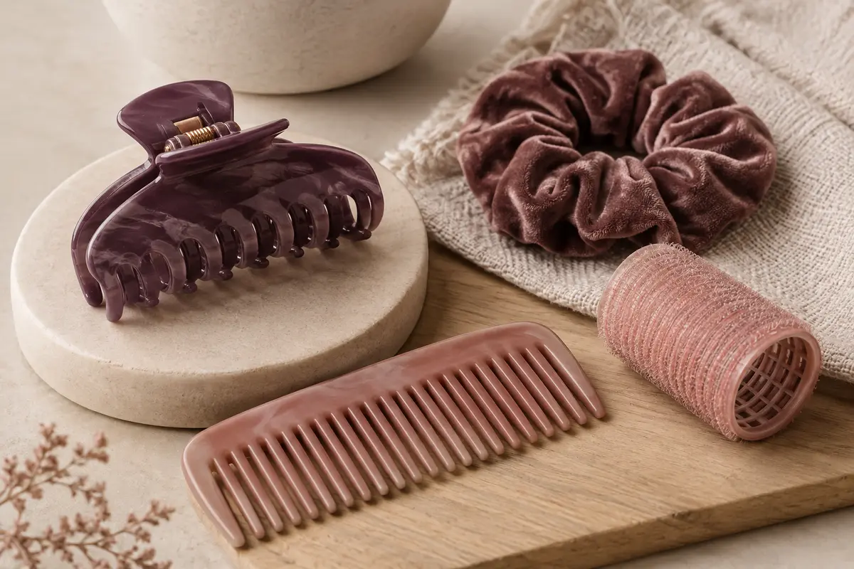 Accessoires de coiffure aux formes variées disposés sur des supports aux tons doux